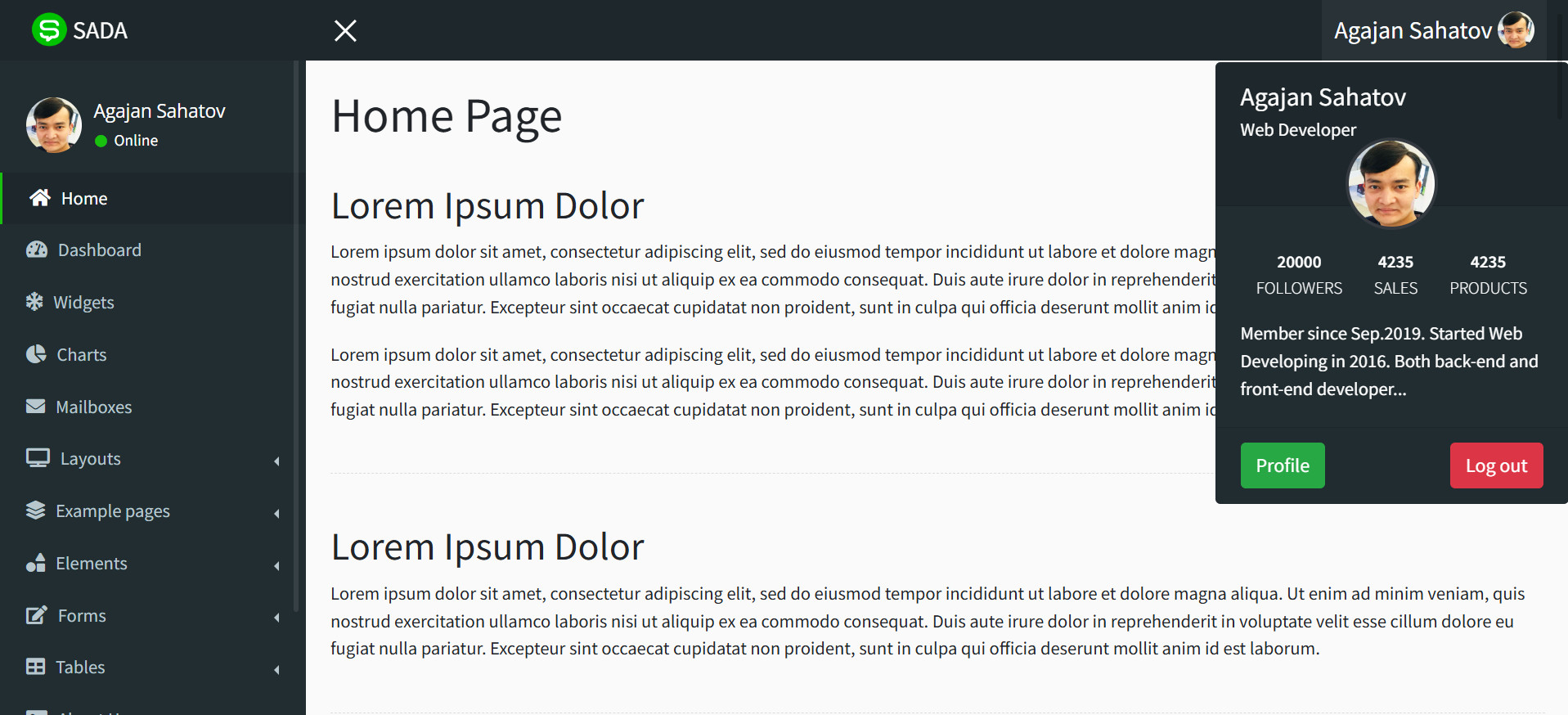 Preview of the SADA admin dashboard
