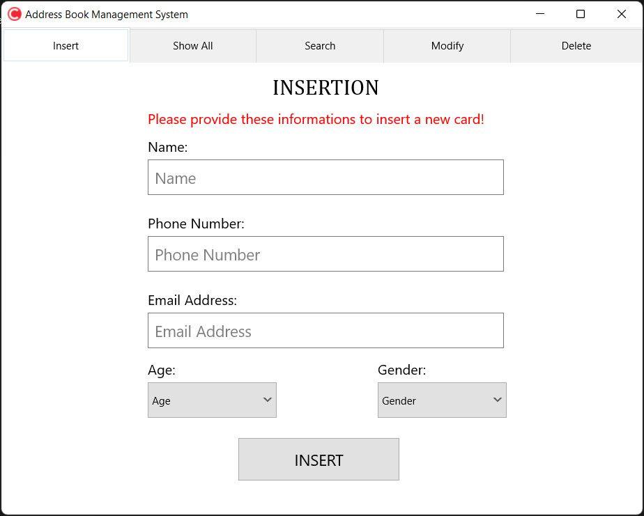 Preview of the Address Book Management System (ABMS) desktop application